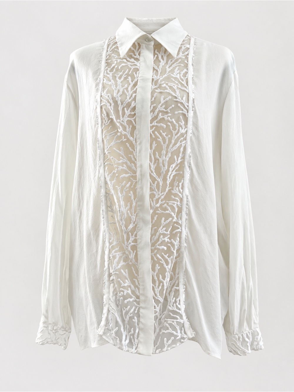 Roberto Cavalli Coral Embroidery 100% Silk White Shirt Blouse Luxury L/XL